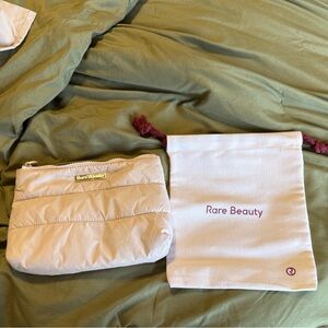 Rare Beauty Quilted White Cosmetic Pouch with Pink Drawstring Bag